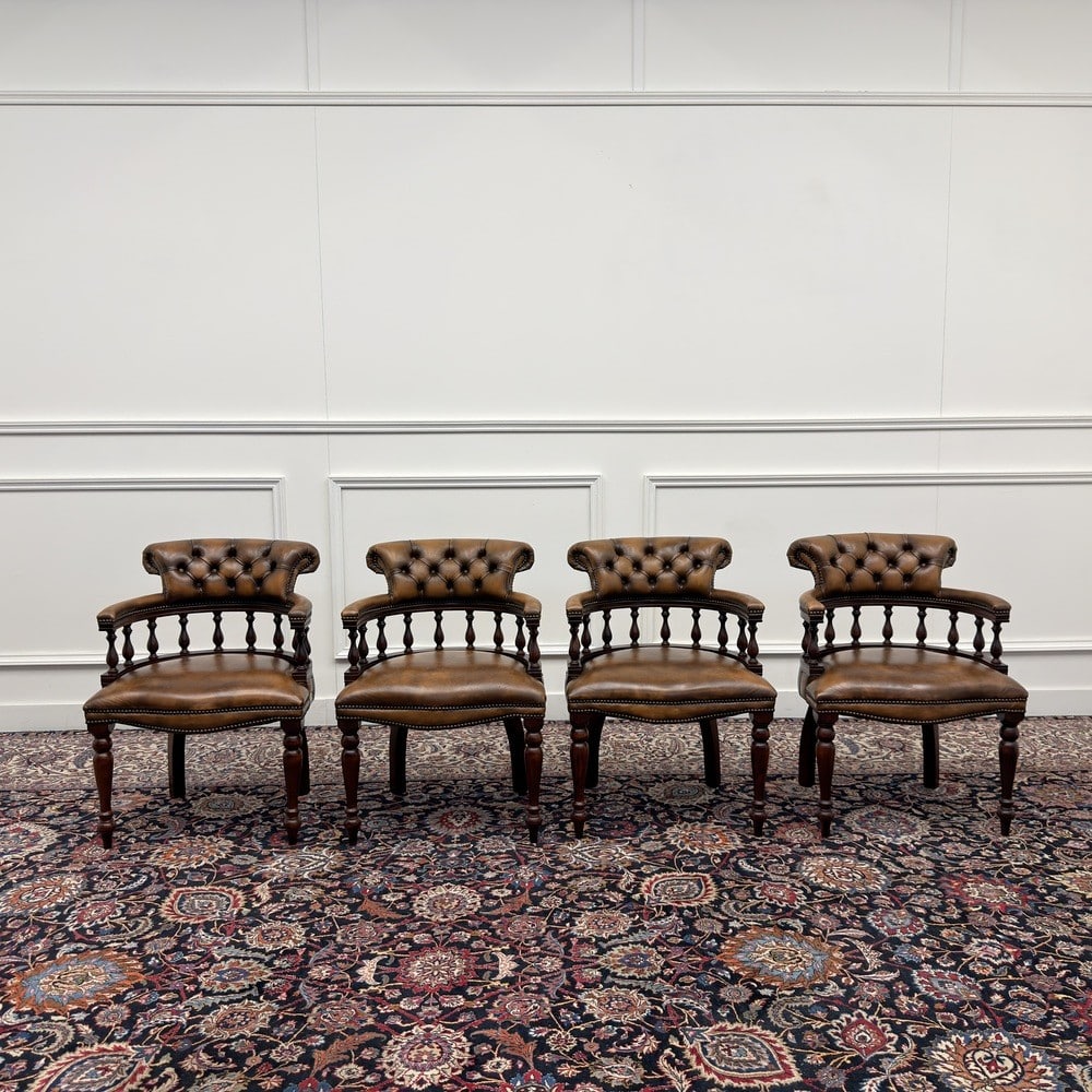 klassiek engels antiek oud vintage springvale chesterfield set stoelen bureaustoel captain chair bruin cognac leder 1